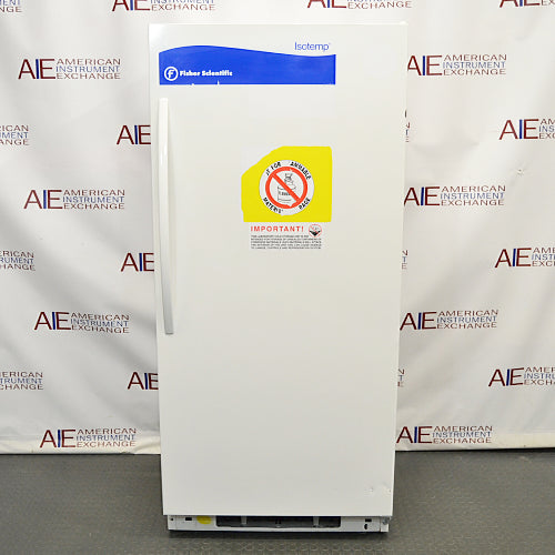 Straight-on studio view of a Fisher Isotemp laboratory refrigerator model 17LREEFSA standing upright on a grey floor against a branded backdrop, featuring a white door with a vertical handle, Fisher Scientific branding, and safety warning stickers