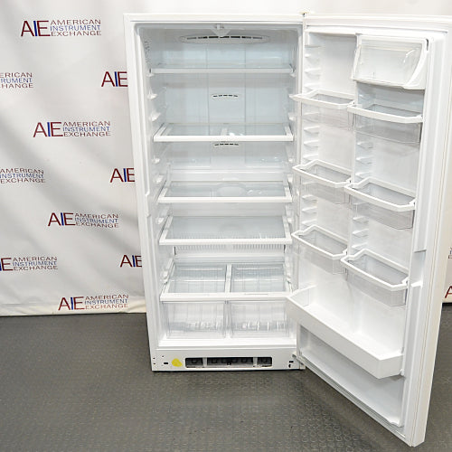 Studio view of the Fisher Isotemp laboratory refrigerator model 17LREEFSA with its white door open, showcasing the interior cabinet equipped with multiple adjustable glass shelves, dual bottom crisper drawers, and various door storage bins