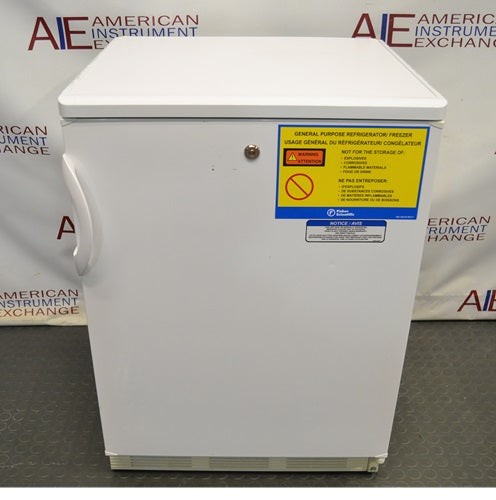 Fisher Scientific Isotemp Value laboratory undercounter refrigerator with closed door and safety warning label