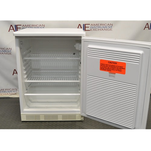 Fisher Scientific Isotemp Value laboratory undercounter refrigerator with open door showing interior shelves and bottom compartment