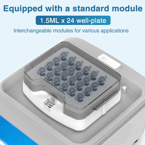 Top close-up view of Four E's Scientific heating and cooling thermo mixer module with 24-place tube block