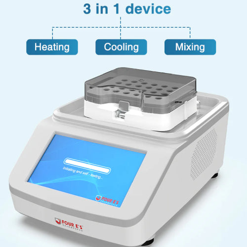 A white 4E's USA Heat Cool Thermo Mixer device with a digital screen, used for heating, cooling, and mixing in laboratory settings.