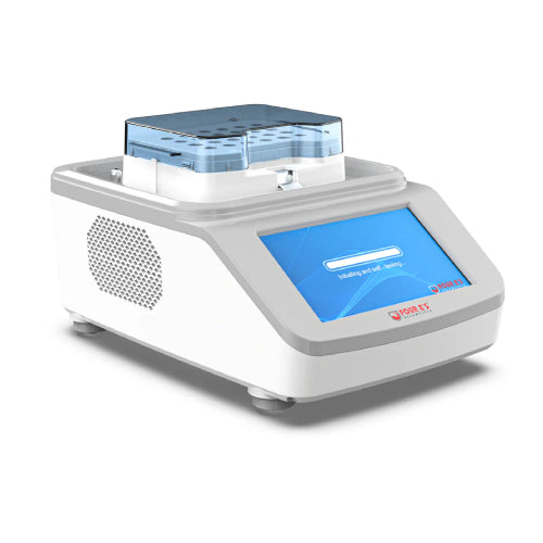 Front angled perspective of Four E's Scientific heating and cooling dry bath incubator on white background