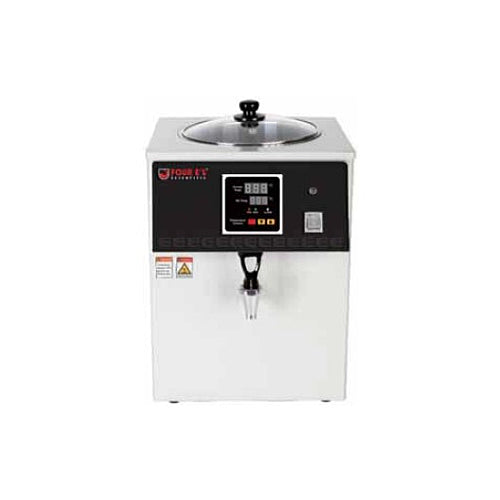 Front view of a Four E's Scientific paraffin wax dispenser with a digital control panel, glass lid, and dispensing tap on a white background.