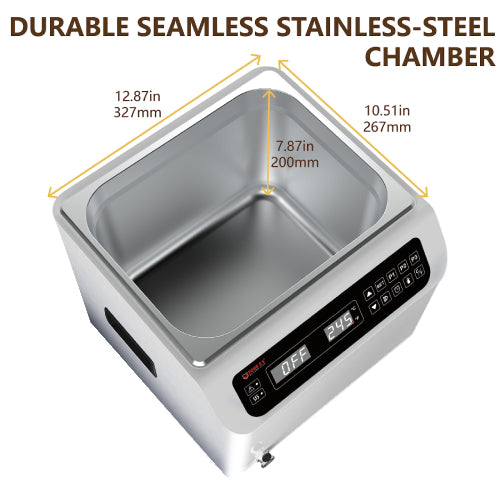 Angled product diagram of the Four E's USA 13L Per4mance water bath detailing interior chamber dimensions