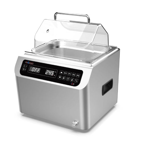 Front-angled studio view of the Four E's USA 13L Per4mance stainless steel water bath with a single clear gable cover, front digital LED display panel, side handle, and drain valve on a white background