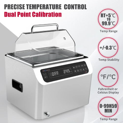 Promotional product graphic of the Four E's USA 13L Per4mance water bath highlighting precise temperature control, dual point calibration, and key technical specifications on a white background
