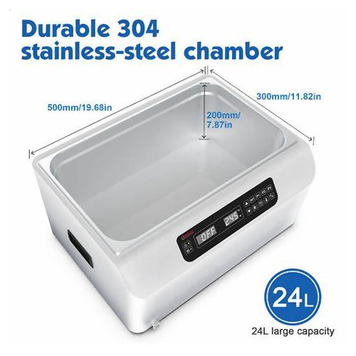 Angled product diagram of the Four E's USA 24L Per4mance water bath detailing interior chamber dimensions and a 24L capacity badge