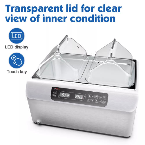 Promotional product graphic of the Four E's USA 24L Per4mance water bath highlighting its transparent lid, LED display, and touch key controls