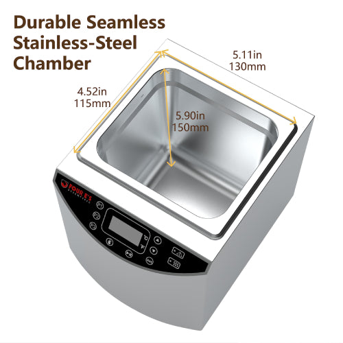 Angled product diagram of the Four E's USA 2L Per4mance compact water bath detailing interior chamber dimensions
