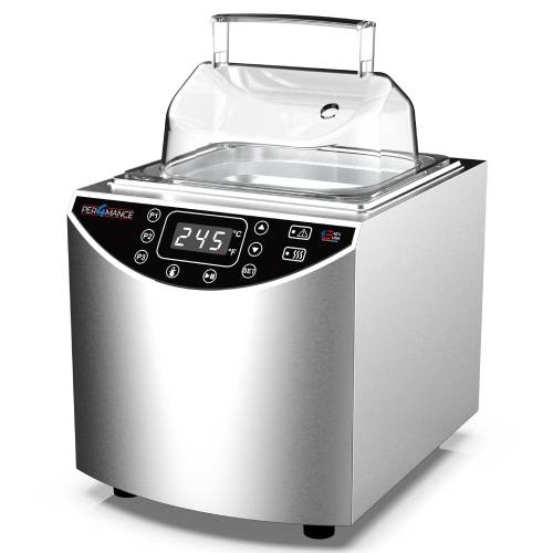 Front-angled studio view of the Four E's USA 2L Per4mance stainless steel water bath featuring a single compact chamber with a clear gable cover, front digital LED display panel, and touch controls on a white background