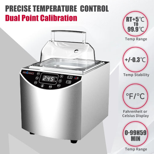 Promotional product graphic of the Four E's USA 2L Per4mance compact water bath highlighting precise temperature control, dual point calibration, and key performance feature badges on the right