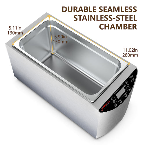 Angled product diagram of the Four E's USA 5L Per4mance dual inline water bath detailing interior chamber dimensions