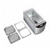 High-angled studio view of the Four E's USA 5L Per4mance water bath with its main stainless steel inline dual chamber housing, a matching double-opening lid frame insert, and two separate clear gable covers laid out alongside it on a white background