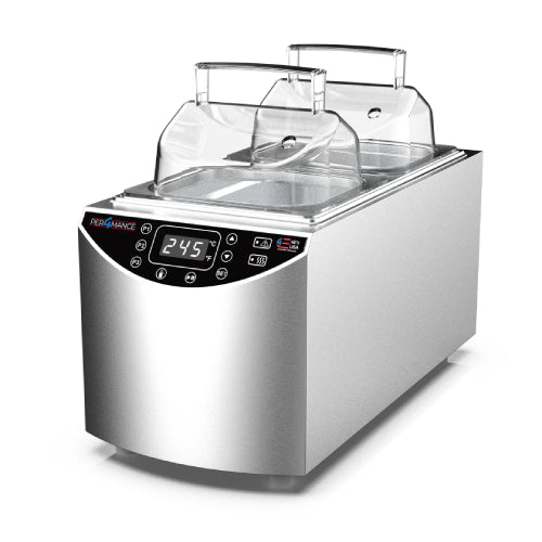 Front-angled studio view of the Four E's USA 5L Per4mance stainless steel water bath featuring dual inline chambers with clear gable covers, a front digital LED display panel, and touch controls on a white background