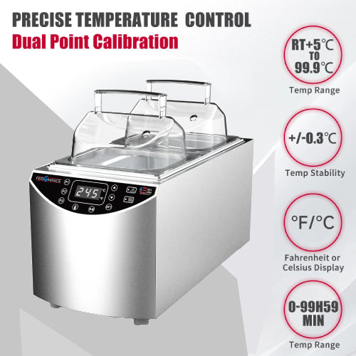 Promotional product graphic of the Four E's USA 5L Per4mance dual inline water bath highlighting precise temperature control, dual point calibration, and performance feature badges on the right