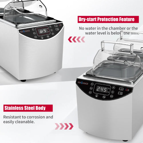 Promotional graphic of the Four E's USA Per4mance water bath detailing its dry-start protection feature and corrosion-resistant stainless steel body
