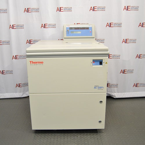 A front-facing view of a Thermo Scientific Sorvall RC12BP Plus large capacity centrifuge with its lid closed, showing the floor-standing cabinet, branding, and top-mounted digital control panel.