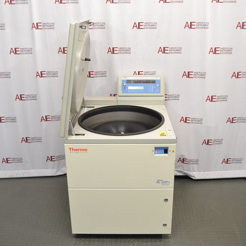 A front-facing view of a Thermo Scientific Sorvall RC12BP Plus large capacity centrifuge with its lid open, showing the internal centrifuge chamber, control panel console, and floor-standing cabinet.