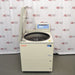 A front-facing view of a Thermo Scientific Sorvall RC12BP Plus large capacity centrifuge with its lid open, showing the internal centrifuge chamber, control panel console, and floor-standing cabinet.