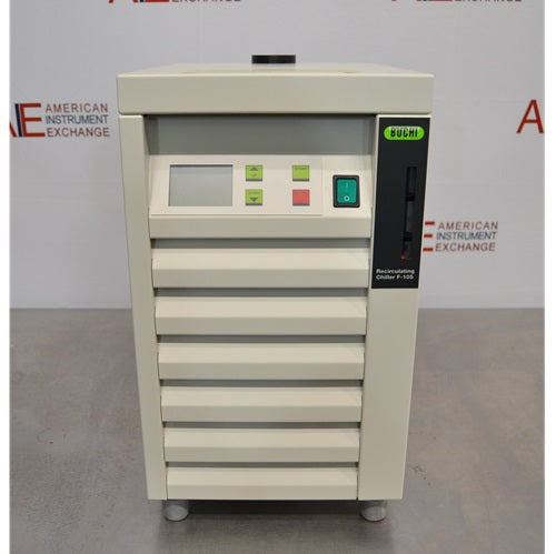 A front-facing view of a Büchi F-105 recirculating chiller available from American Instrument Exchange, highlighting its control panel and vented exterior.