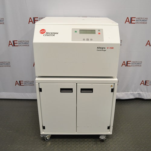 A front-facing view of a Beckman Coulter Allegra V-15R refrigerated benchtop centrifuge system available from American Instrument Exchange, showing the centrifuge unit mounted on top of a matching mobile storage cart with locking cabinet doors and caster wheels.