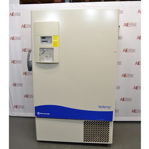 A front-facing view of the Fisher Isotemp IU2886D ultra-low freezer, showing its beige exterior, blue bottom panel, and control interface.