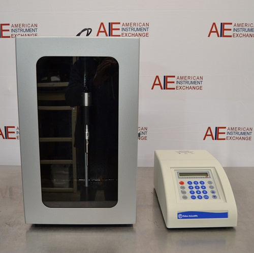 A front-facing view of a Fisher Scientific FB120 Sonic Dismembrator system available from American Instrument Exchange, showing the control console and the converter/stand assembly.