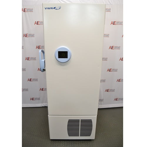 A front-facing view of a VWR 40040FA -40°C ultra-low temperature freezer available from American Instrument Exchange, showing the solid white exterior door, handle, and integrated digital display.