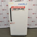 A front-facing view of a VWR explosion-proof refrigerator available from American Instrument Exchange, showing its solid white exterior door, prominent safety warning labels, and vertical handle.