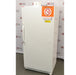 A front-right angled view of a white Thermo Scientific 3552-10A flammable material storage freezer standing on a lab floor, showing the main door panel, vertical handle on the left, top control unit, and orange safety warning decal on the top right against an American Instrument Exchange backdrop.