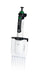 A front view of an upright BRANDTECH Transferpette pro-8 channel adjustable pipette featuring a white body with green accents, a digital volume display window, top plunger button, and eight clear pipette tips attached at the base - American Instruments