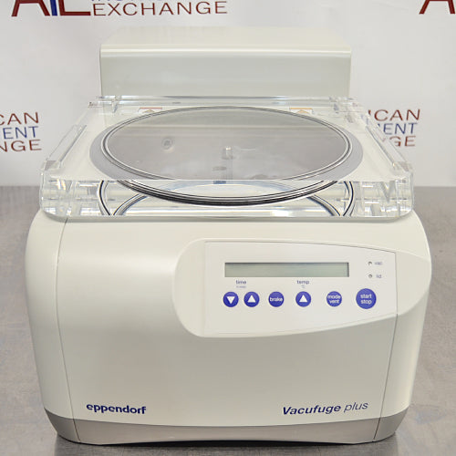Front view of Eppendorf Vacufuge Plus 5305 centrifugal vacuum concentrator with clear acrylic lid
