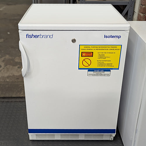 Front view of Fisherbrand Isotemp undercounter laboratory refrigerator Model GTFBV05RPSA with safety warning label and key lock