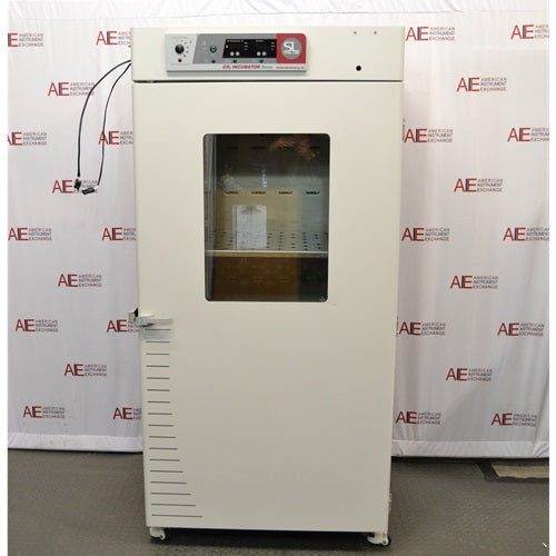 Front view of a closed, white Shel Lab 2428 CO2 incubator with a glass door window and top control panel.