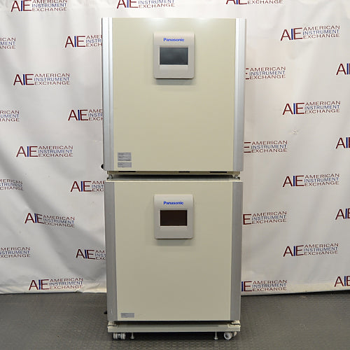 Front view of stacked Panasonic cellIQ CO2 laboratory incubators on a rolling caster base