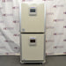 Front view of stacked Panasonic cellIQ CO2 laboratory incubators on a rolling caster base