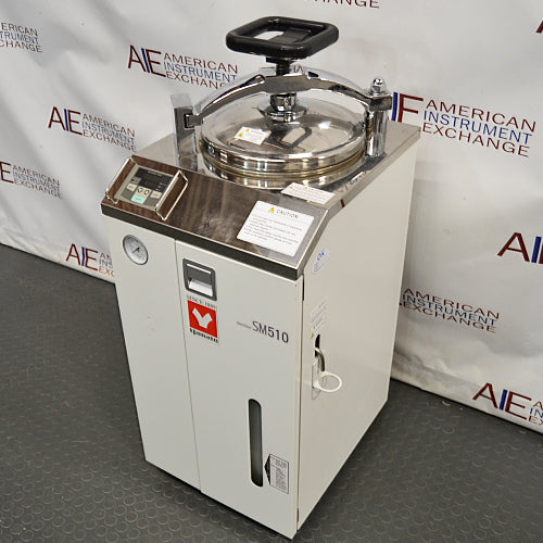 High-angle right perspective of Yamato Scientific SM510 vertical steam sterilizer autoclave with top clamp lid