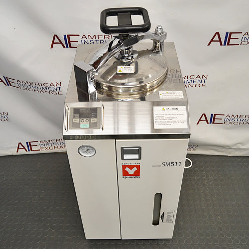 High-angle perspective of Yamato Scientific SM511 vertical steam sterilizer autoclave with top clamp lid