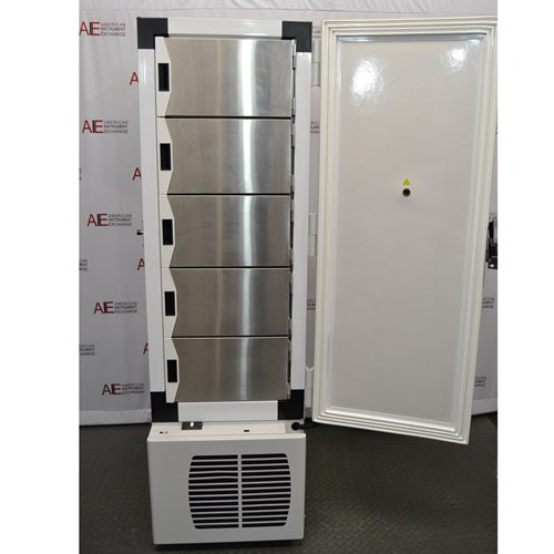 The interior of the open Fisherbrand Isotemp ultra-low temperature freezer, displaying five individual stainless steel inner compartment doors, positioned in front of an American Instrument Exchange backdrop.