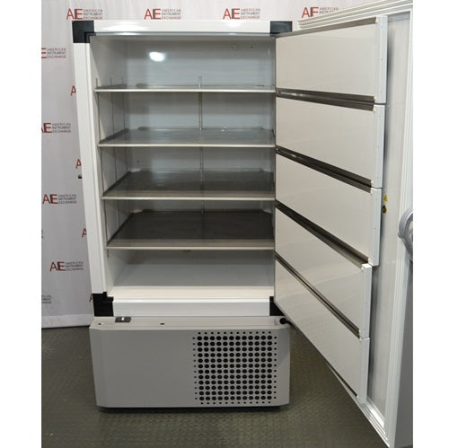 The interior of an open Thermo Scientific RDE60086FA ultra-low temperature freezer, displaying horizontal stainless steel shelving and interior door panels, positioned in front of an American Instrument Exchange backdrop.