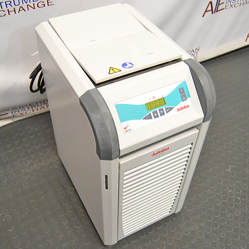 Julabo FL601 compact recirculating laboratory chiller with digital control panel and front ventilation grille.