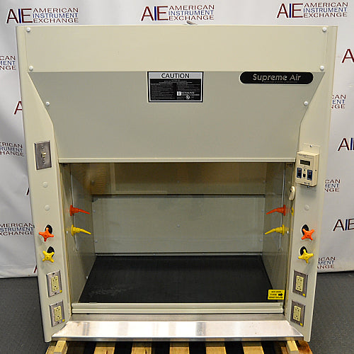 A 4-foot wide Kewaunee Supreme Air chemical fume hood with a solid white color, featuring a black epoxy work surface, standard base cabinets, and control knobs on the sides.
