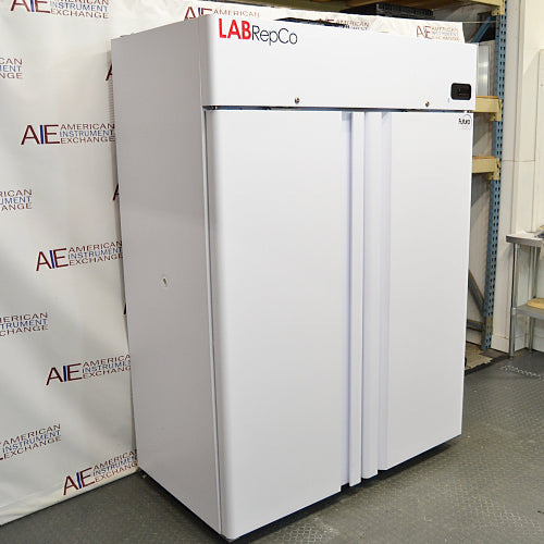 Angled view of a closed LABRepCo Futura LABLD-49-FA double solid-door laboratory freezer showing the front doors, left side panel, and top digital control display.