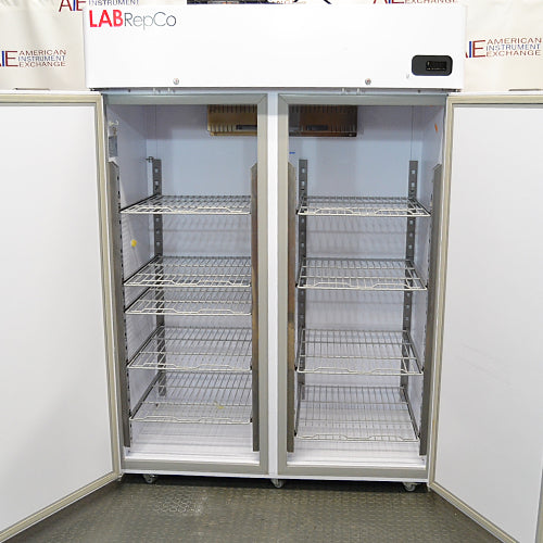 Front view of an open LABRepCo Futura LABLD-49-FA double-door laboratory freezer showing interior adjustable wire shelves and top digital control display.