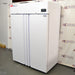 Angled view of a closed LABRepCo Futura LABLD-49-FA double solid-door laboratory freezer showing the front doors, right side panel, and top digital control display.