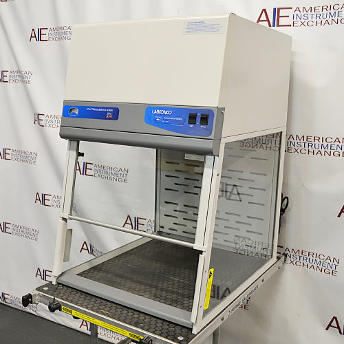 Angled view of Labconco XPert Filtered Balance System laboratory containment hood showing side glass panel and interior chamber
