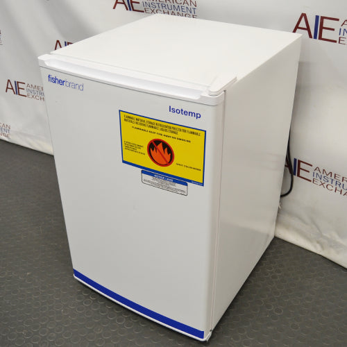 Left-side angled view of Fisherbrand Isotemp undercounter freezer model 05FFEEFSA with flammable storage warning label