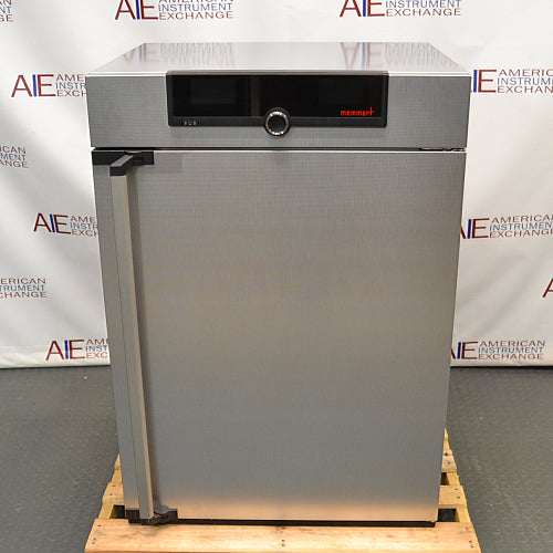 Front exterior view of a closed Memmert HPP260 climate chamber showing the textured stainless steel finish, vertical door handle, and top digital control panel.