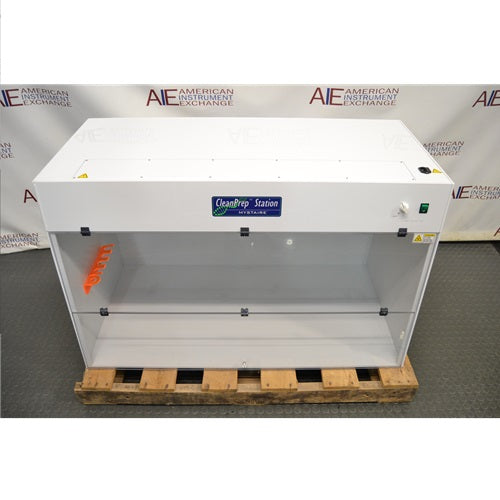 Front view of Mystaire CleanPrep Station PCR dead air box on a pallet